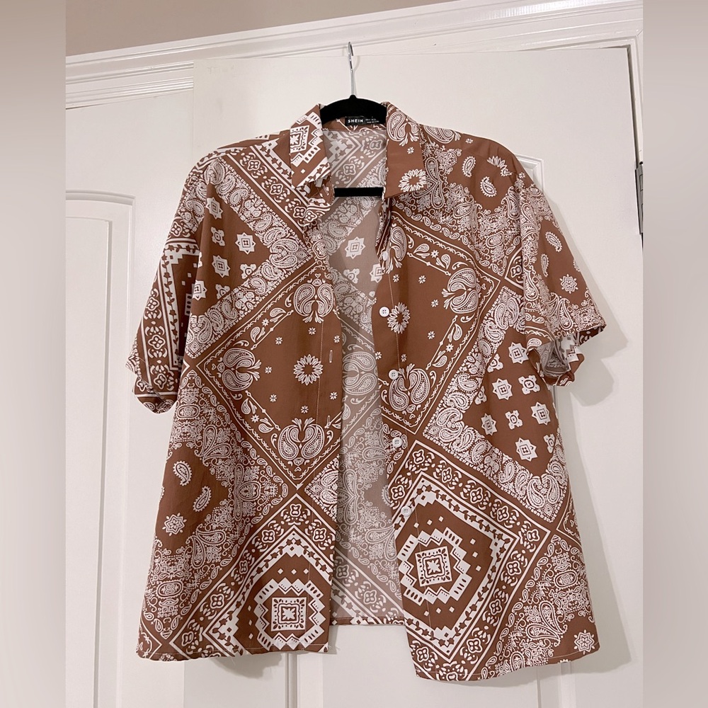 Brown and White Button Down Shirt